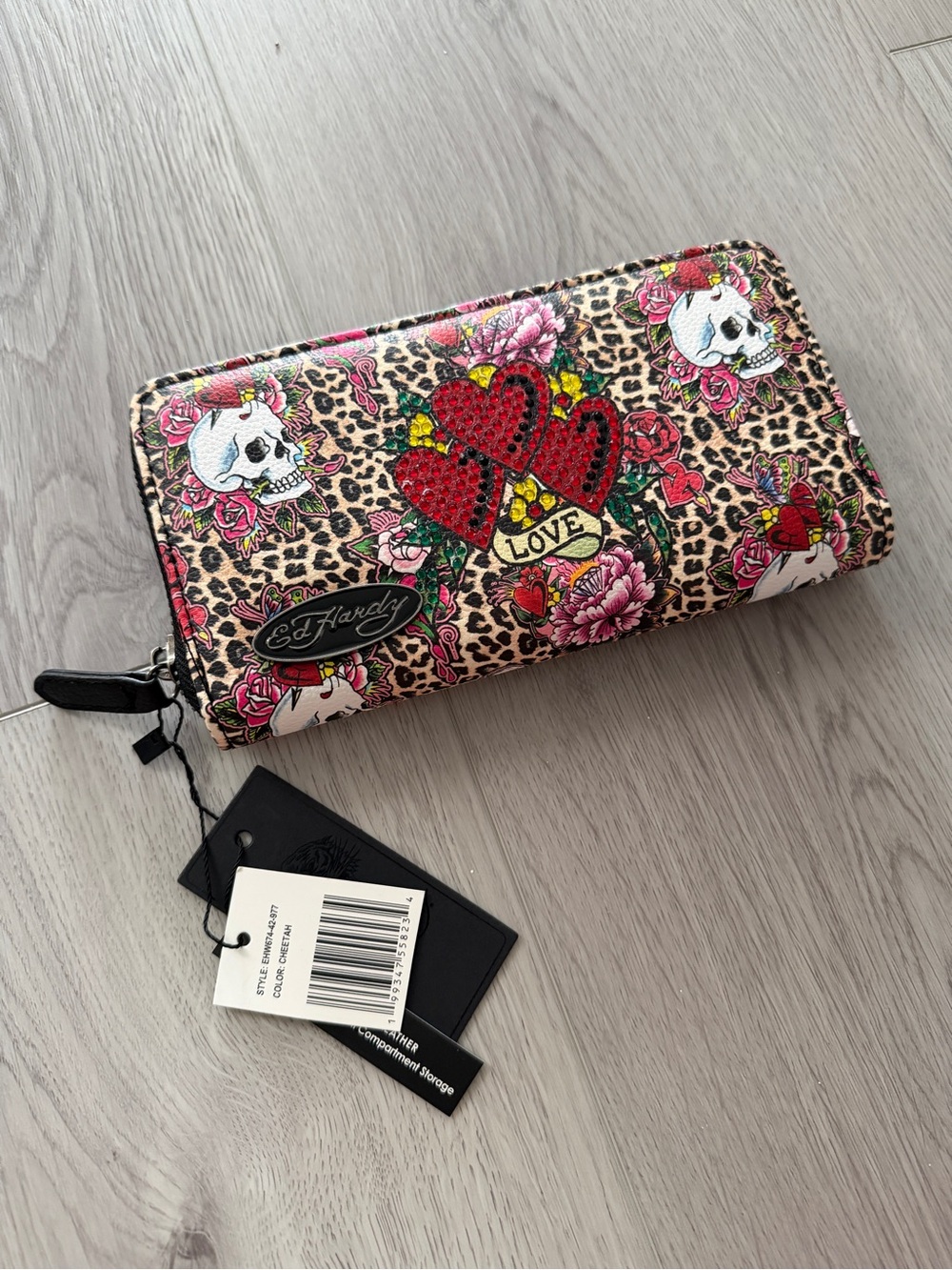 Ed Hardy Leopard Floral Zip Wallet in Pink, Red & Black